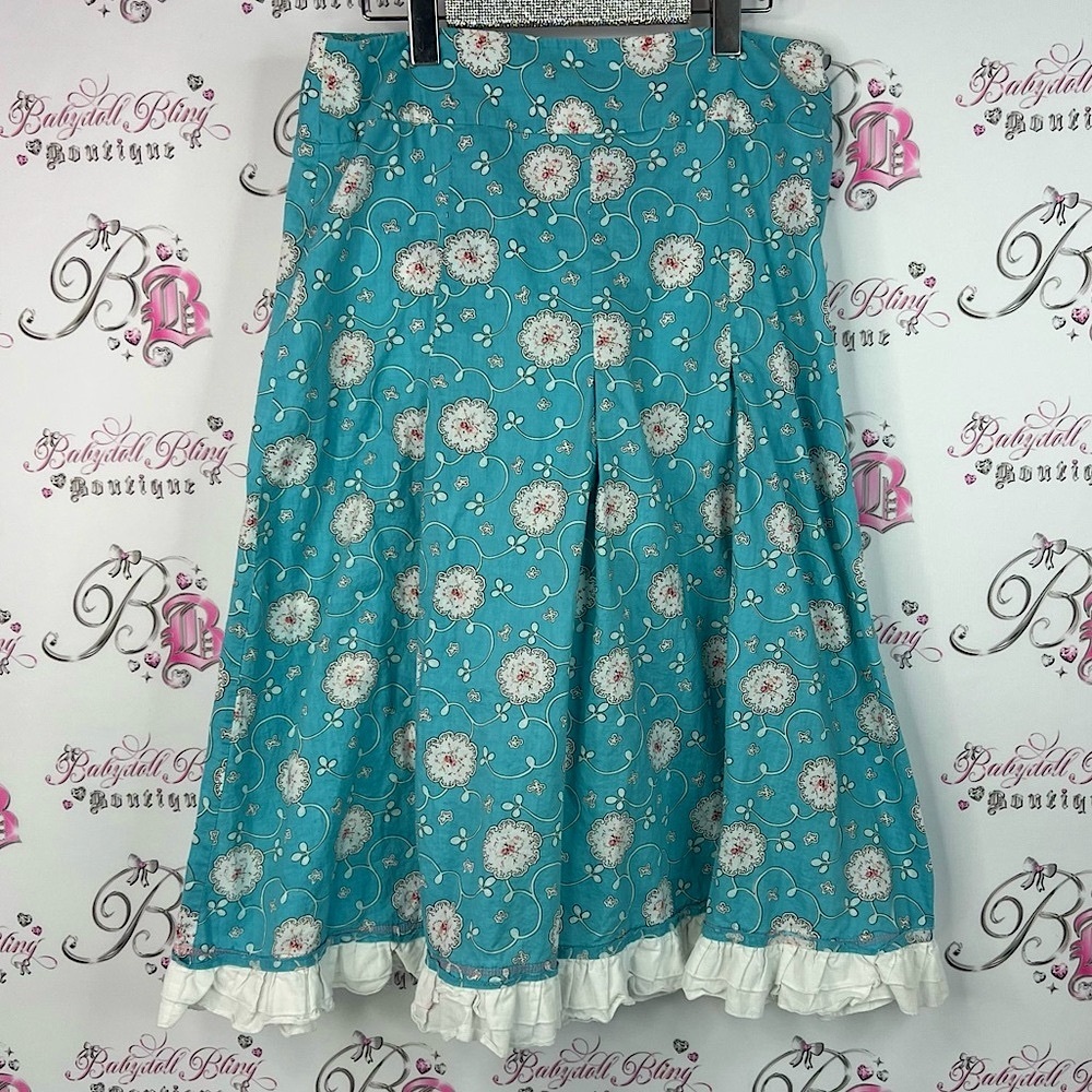 Kenzie skirt ruffle frilly white flowers Teal Floral Midi Skirt with White Trim